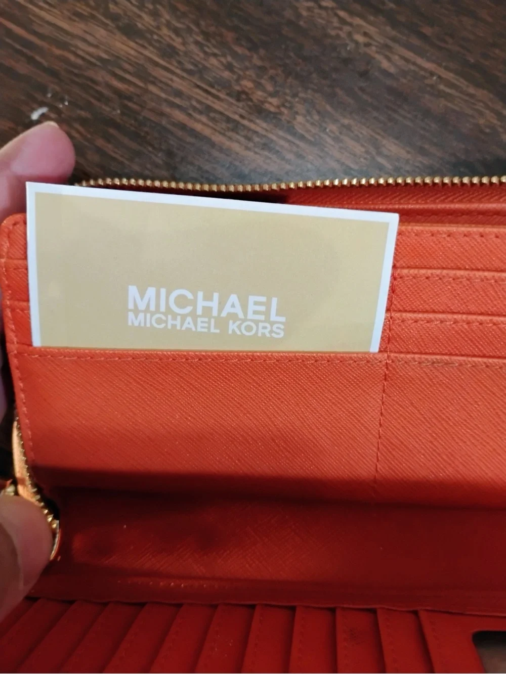 Michael Kors Brown Leather Zip Around Wallet Gold Tone Logo Plaque